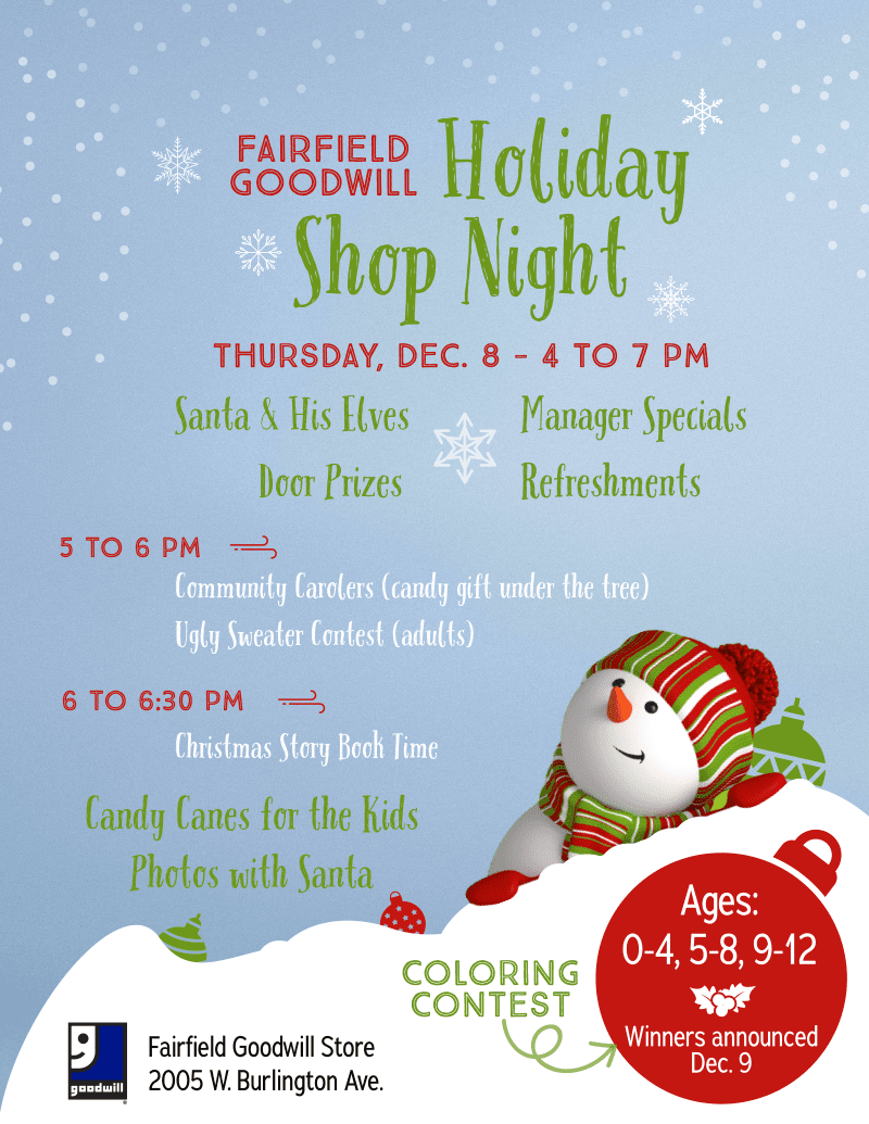 Fairfield Holiday 2022 – blog Holiday Shop Night will be held at the Fairfield Goodwill Store on Thursday, Dec. 8.