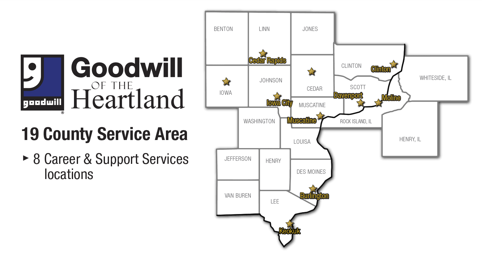 Goodwill of the Heartland 19-county service area map, showing locations to meet workforce needs