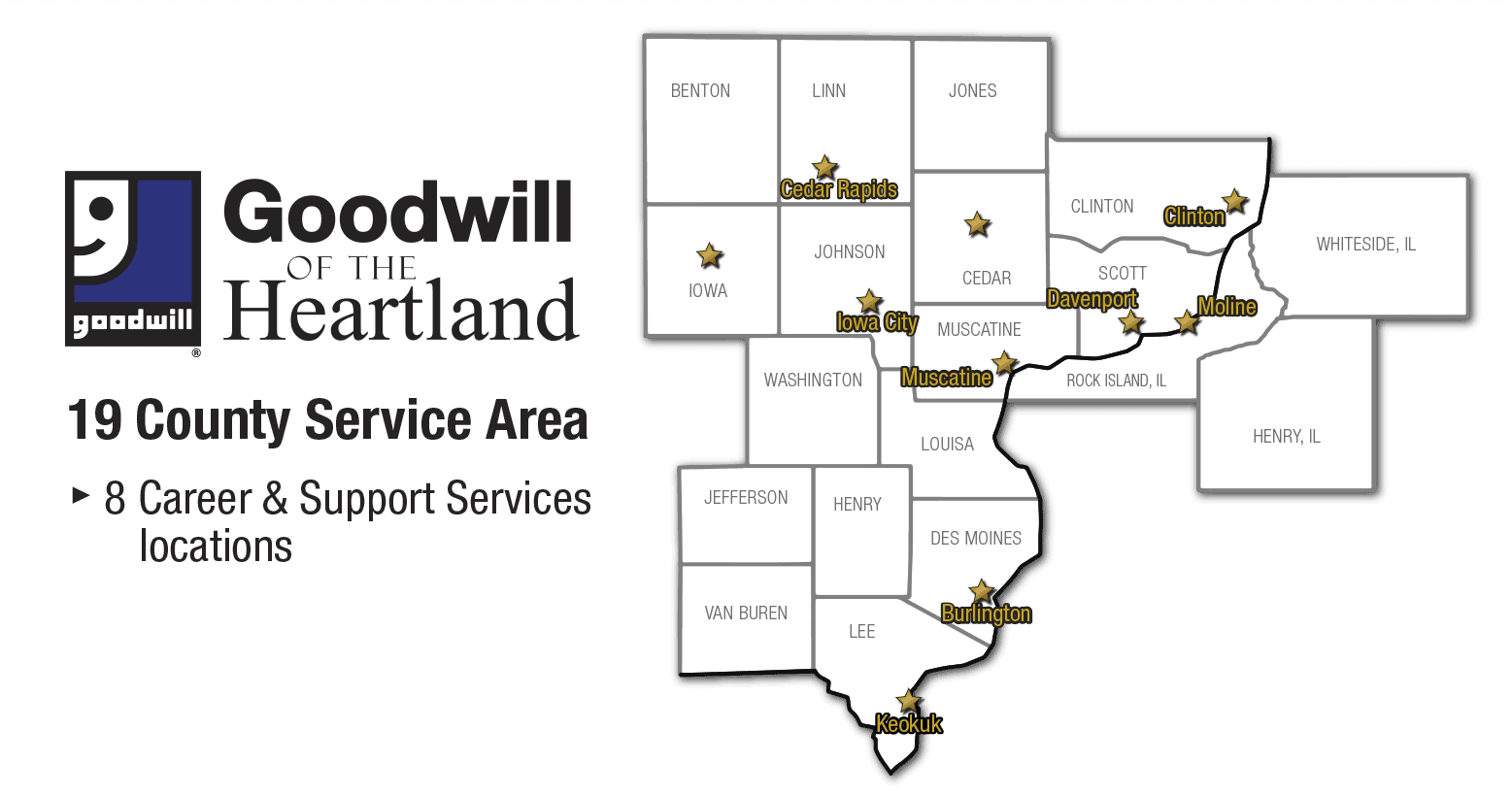 Territory Map_Support Services 2 Goodwill of the Heartland 19-county service area map, showing locations to meet workforce needs