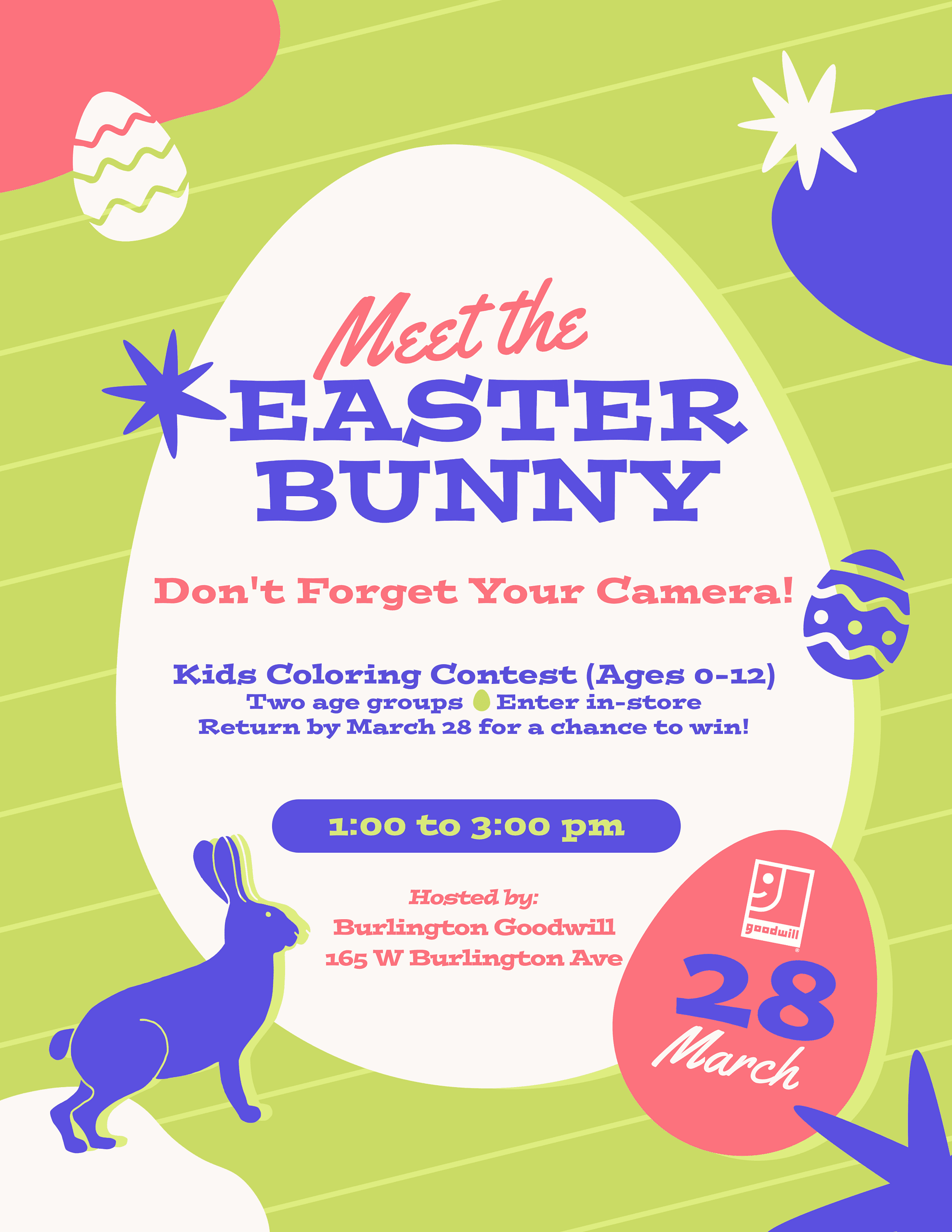 Take photos with the Easter Bunny at the Burlington Goodwill Store on Saturday, March 28, between 1 and 3 p.m.