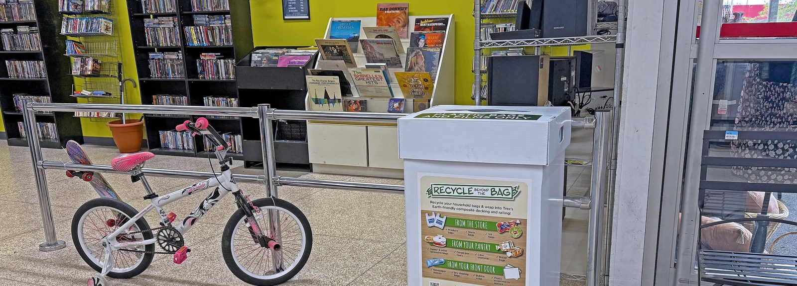 A NexTrex plastic recycling collection bin sits near the front doors at the Iowa City Goodwill Store. All Goodwill of the Heartland locations now offer this service.